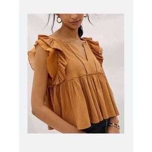 Anthropologie Caroline Burnt Orange Camel Color Y2K Ruffle Babydoll Blouse Top